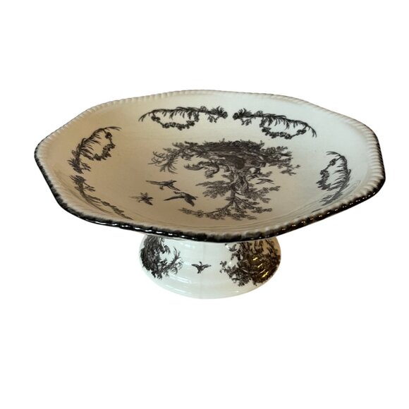 Pedestal Cake Stand Plate Aux Au Provence Black and White Toile 12" x 5.25" - Picture 1 of 7